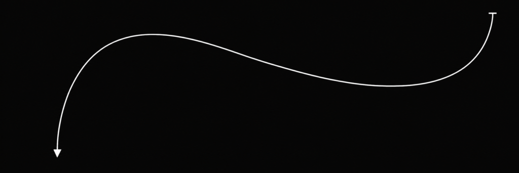 White curved line on a black background forming an S-like arc, with a downward-pointing arrow at the left end.