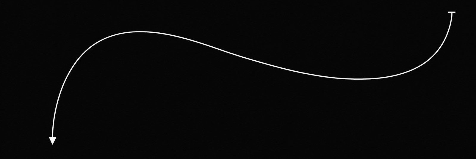 White curved line on a black background forming an S-like arc, with a downward-pointing arrow at the left end.